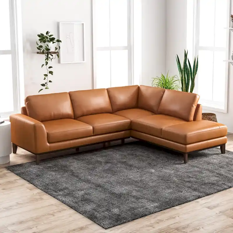 Modern Milton Cognac Tan Top Leather Corner Sectional Sofa (Right Chaise)