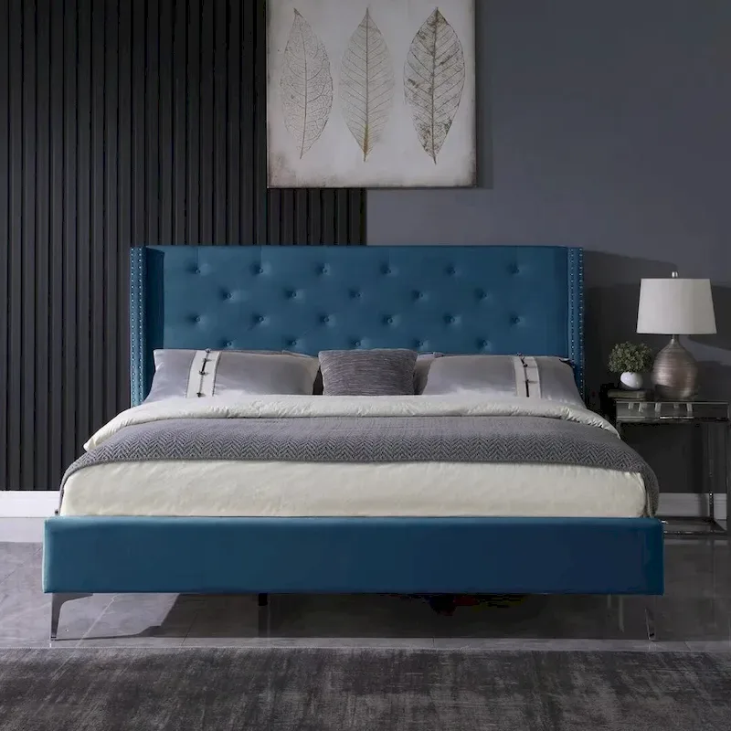Black / Blue / Grey / Beige Velvet Button-Tufted Platform Bed Frame – California King, 2-Person