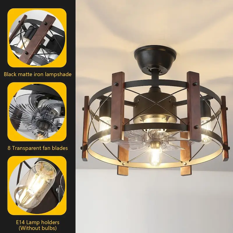 20  Caged 8-Blade Ceiling Fan with Lights Remote Control - 19.7 L x 19.7 W x 7.5 H