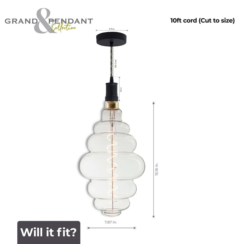 Bulbrite LED Grand Bulb and Pendant Kit of (1) 4 Watt Clear Glass 15  Beehive Shaped Bulb