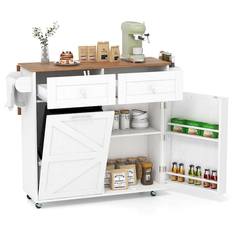 Drop-Leaf Rolling Kitchen Island Cart with Trash Cabinet & Storage – Black / White, Single