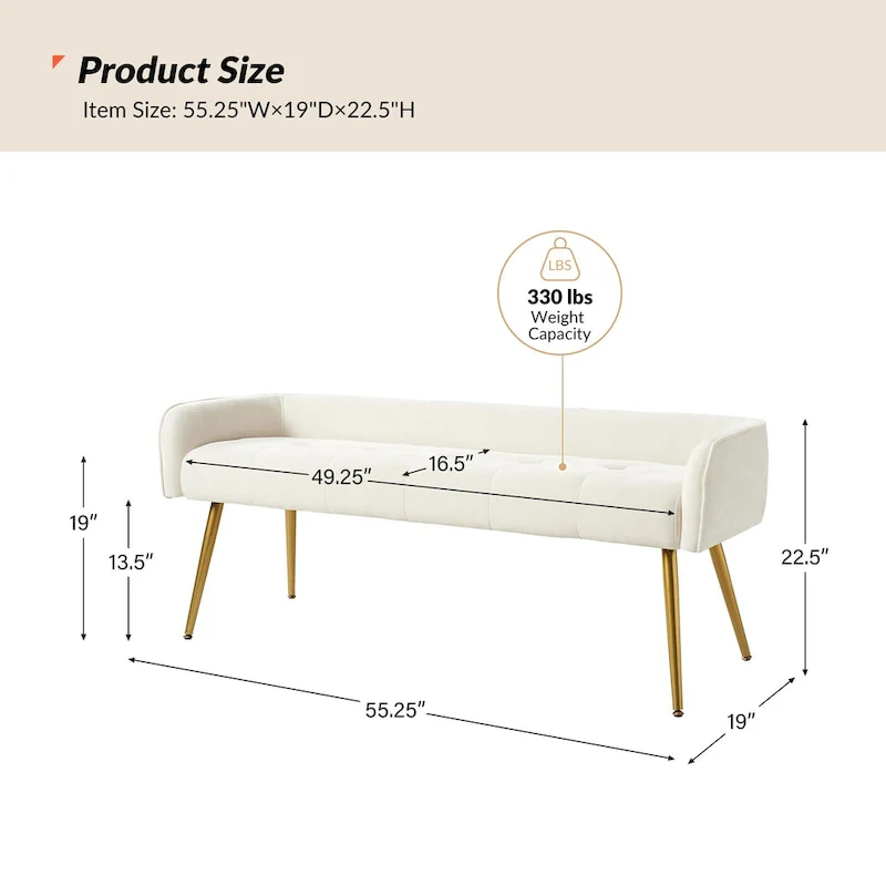 Luis Modern Upholstered Low Back Bench with Sturdy Golden Metal Tapered Leg by HULALA HOME