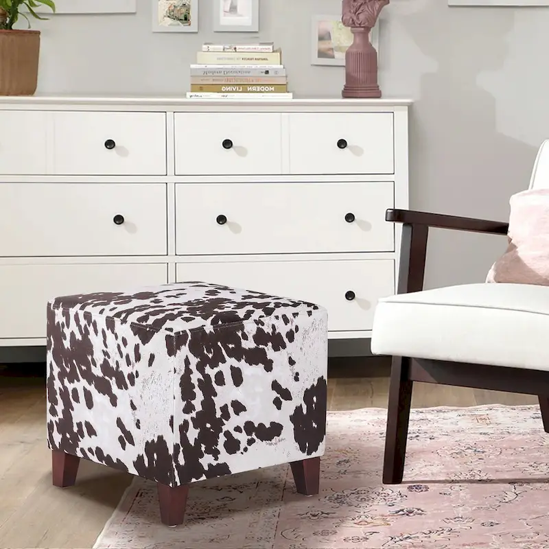 Adeco British Style Cow Print Cube Ottoman Home Bench Classy Footstool