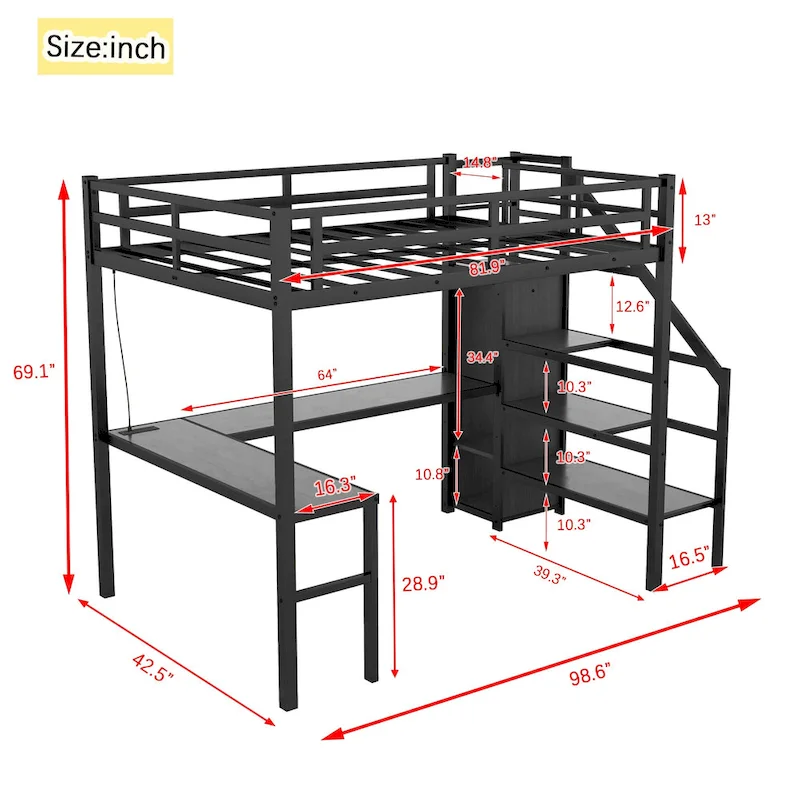 Black Twin XL Size Metal Loft Bed with L-shaped Desk, USB, and LED for Kids and Teens