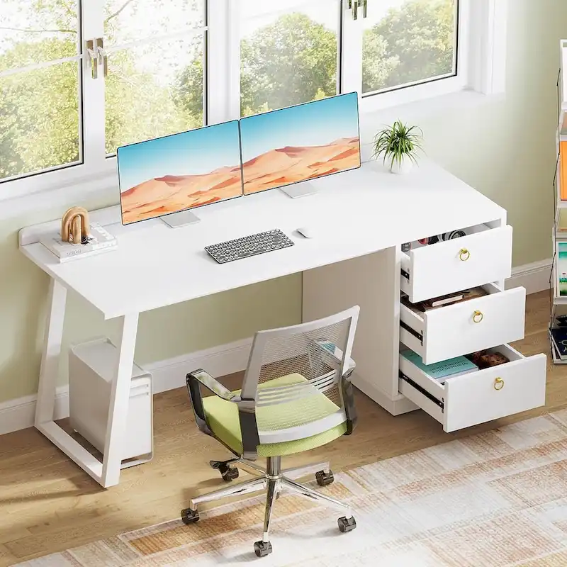 White Computer Desk with Drawers, 55 Inches Modern Study Writing Table for Home Office