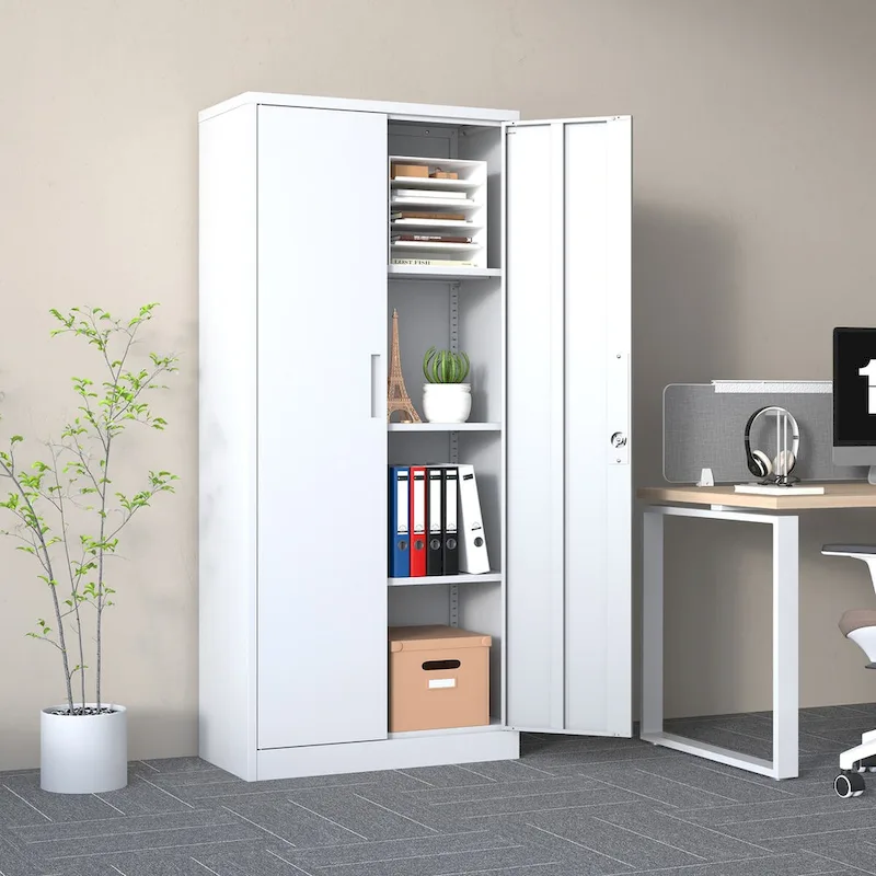 White Tall Metal Locking Storage Cabinet with 2 Doors & 3 Adjustable Shelves