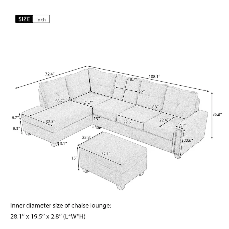 Reversible L-Shaped Sectional Sofa with Storage Ottoman