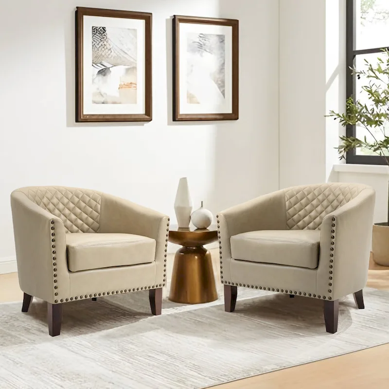 2 Set Vegan Leather Barrel Accent Chairs with Nailheads Trim