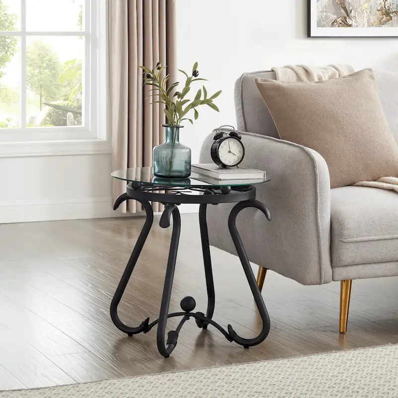 2-Piece Tempered Glass Coffee Table, Rustic Round Decor Table with Side Table for Living Room, Black