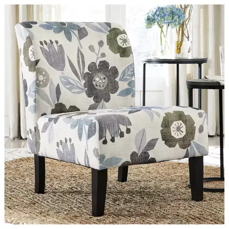 Accent Chair, Armless, Floral Pattern Upholstery, Ivory/Blue/Charcoal/Brown