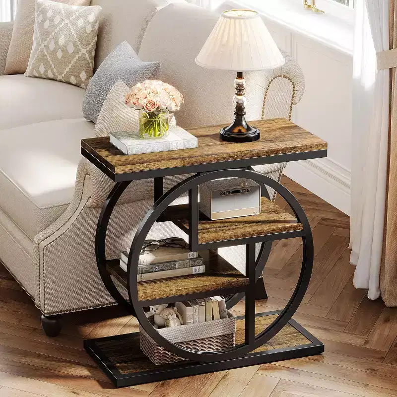 Brown Round 4-Tier Side Table with Storage Shelves – For 1