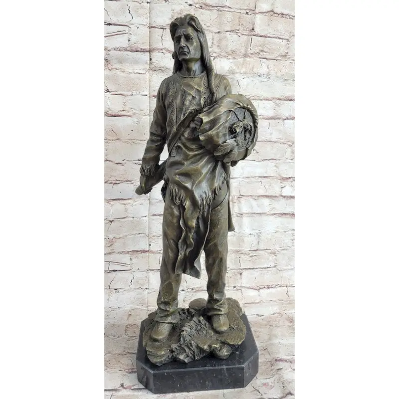 Indian Chief With Shield Gun Full Headdress Native American Bronze Statue 22 Inches