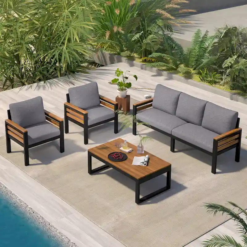 4 Pcs Outdoor Sectional Sofa Set, All-Weather Patio Conversation Furniture Set with Cushion and Solid Wood Coffee Table