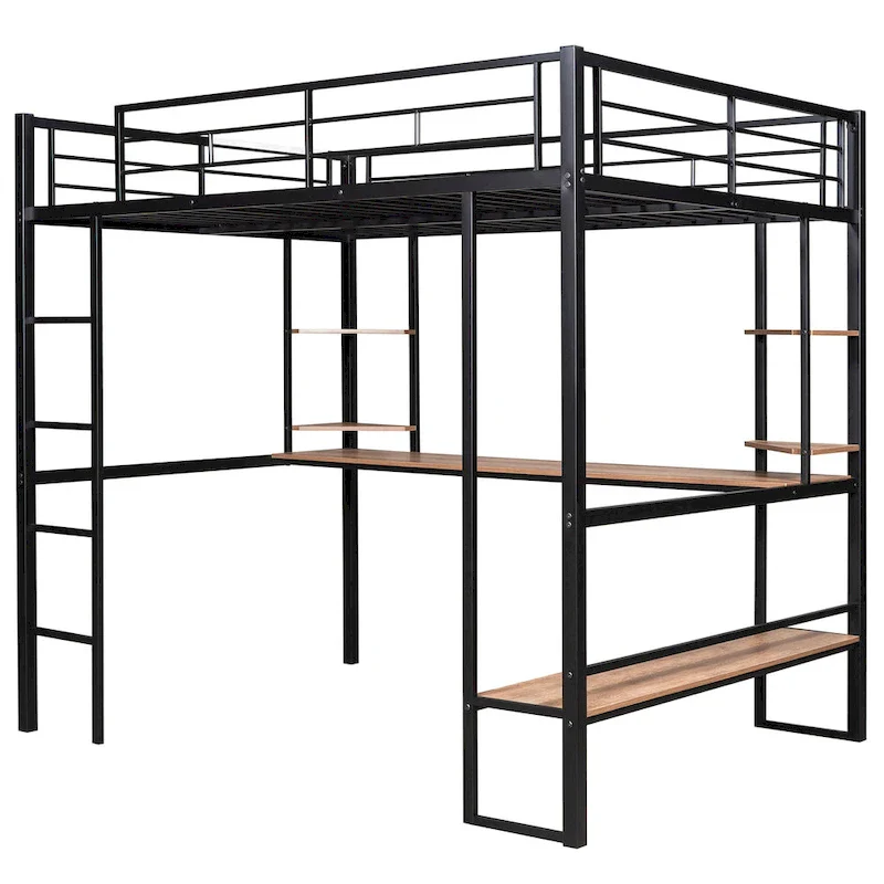 Full Metal Loft Bed with Long Desk & Shelves