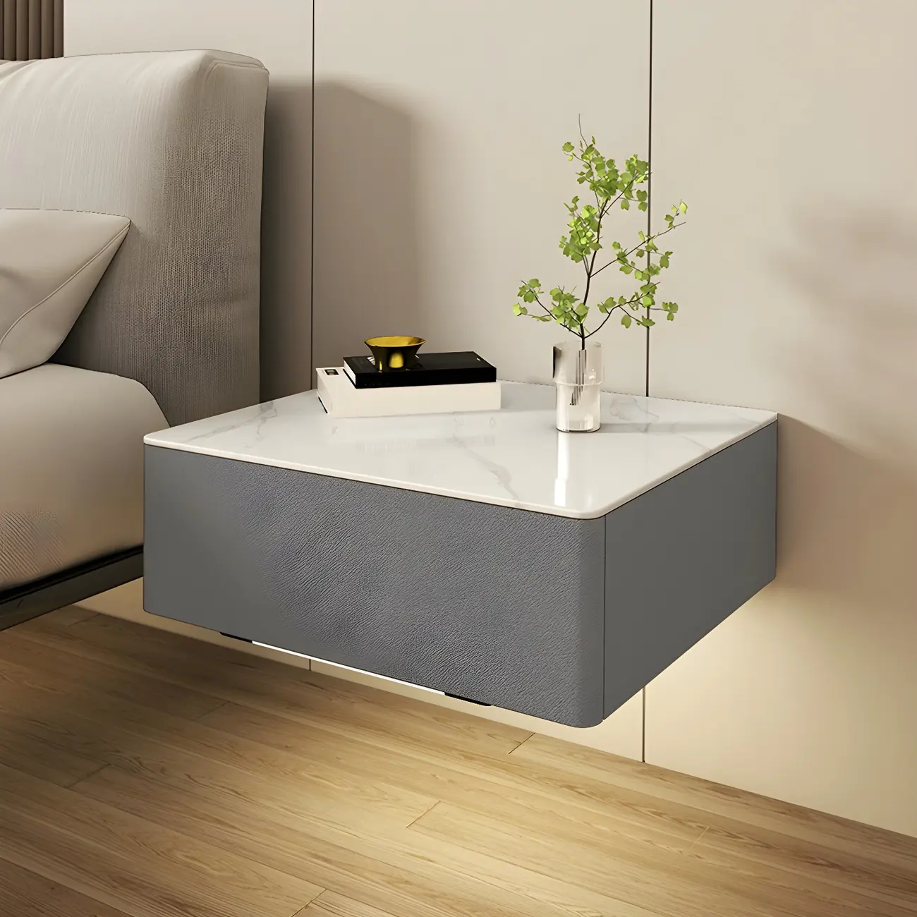 Modern Floating Stone Top Nightstand with Drawer