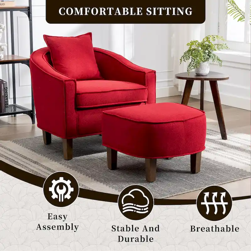 Linen/Polyester Upholstered Mid Century Barrel Chair with Ottoman