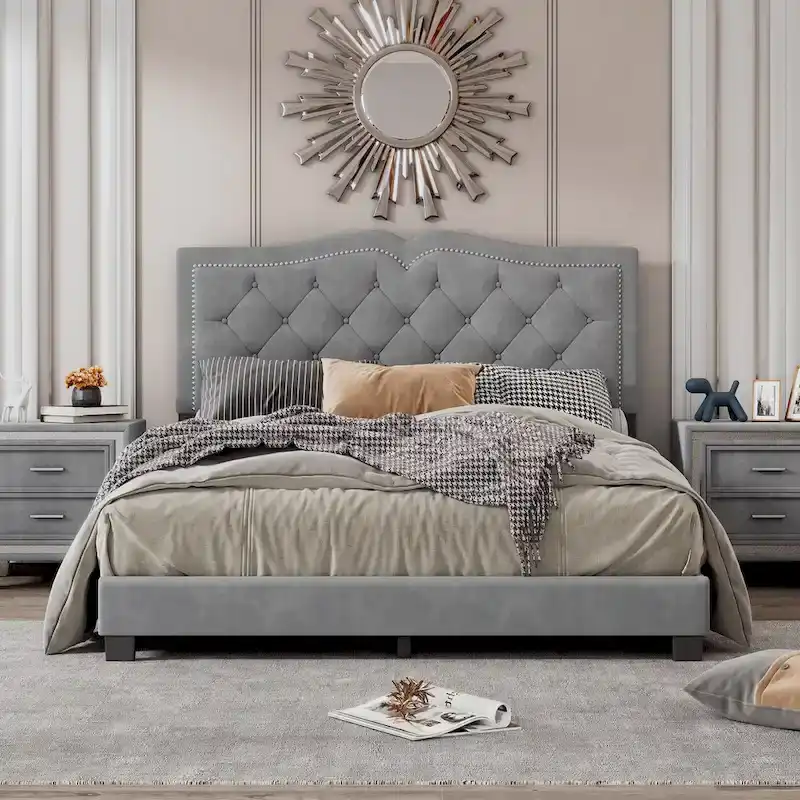 Queen Size Upholstered Bed Frame with Rivet Design