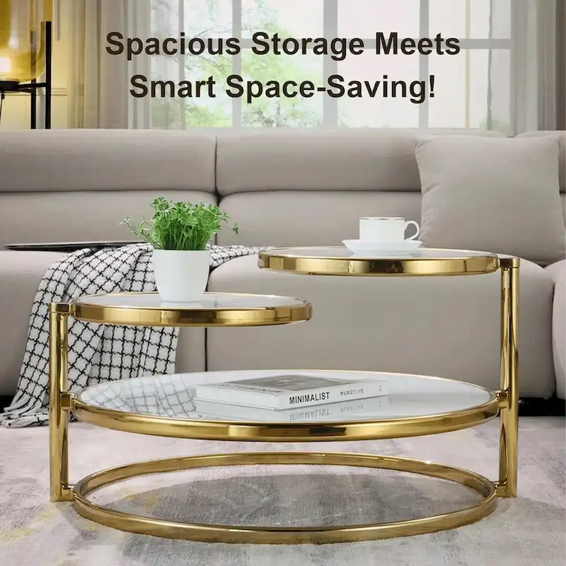 Round Tempered Glass Coffee Table with 3 Tiers 360 Degrees Rotating Top