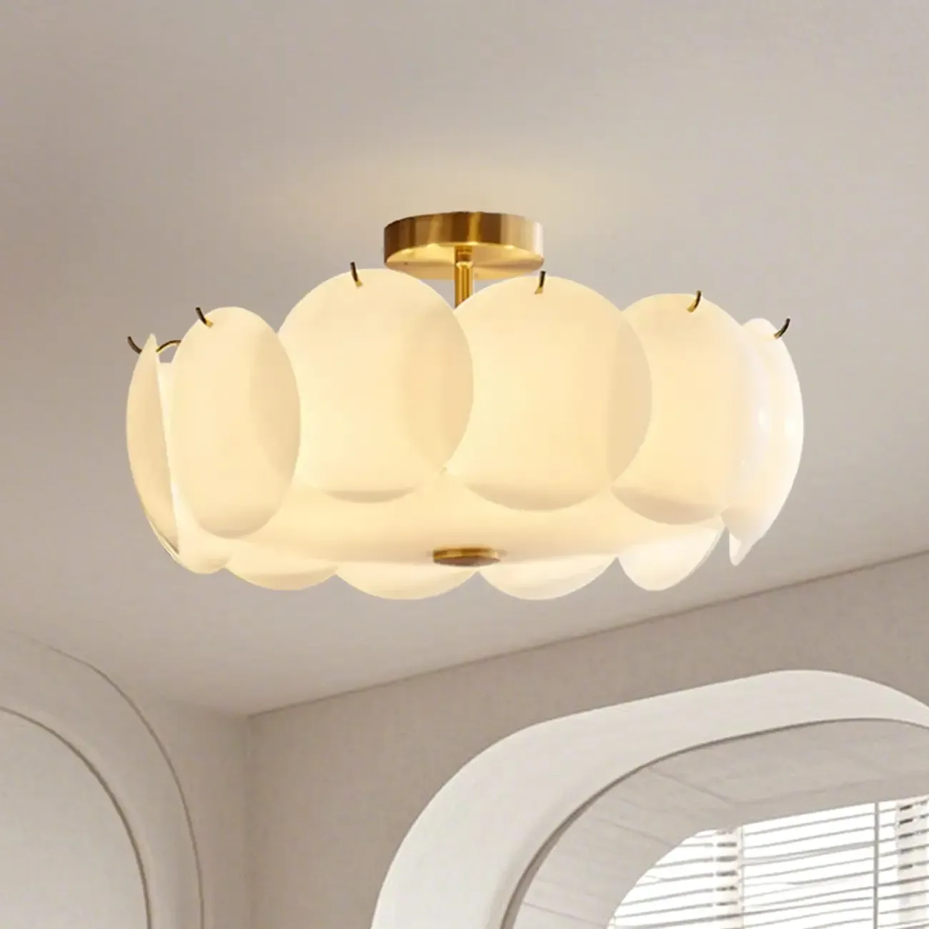 White Circle Glass Gold Semi Flush Mount Ceiling Light