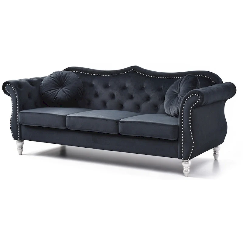Hollywood 82 in. Velvet Chesterfield 3-Seater Sofa with 2-Throw Pillow - 82L x 35W x 34H