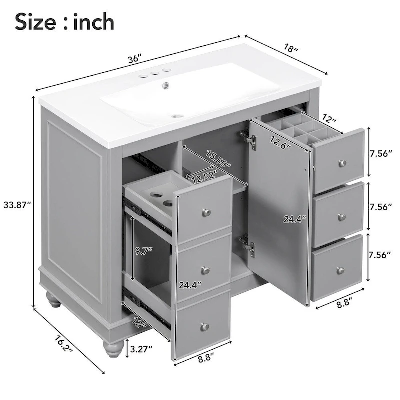 36 Inch Bathroom Vanity Cabinet with Resin Sink and Adjustable Shelves