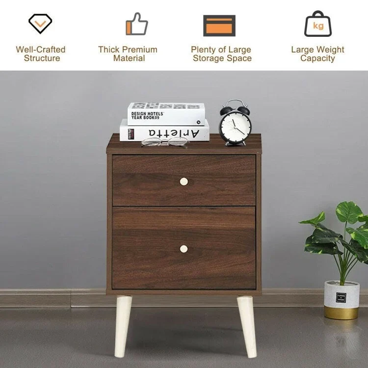 Walnut 2-Drawer Nightstand with Rubber Wood Legs (18