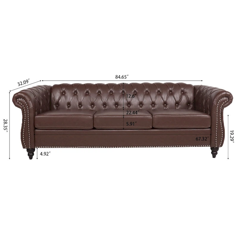 84.65 PU Rolled Arm Chesterfield 3 Seater Sofa