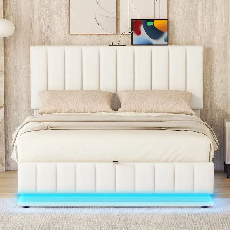 Lift Up Storage Platform Bed Frame, PU Leather Upholstered Low Profile Bed with Remote Control LED Lights, Sockets, USB Ports