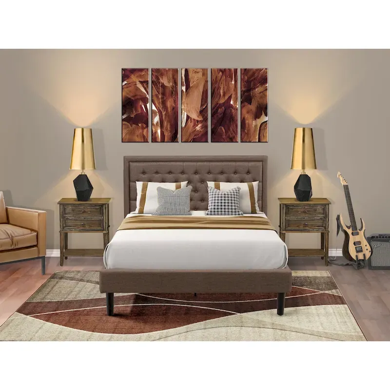 East West Furniture Queen Size Bed Set- Bed Frame Brown Headboard with Small Nightstand - Black Finish Legs((End Table Options)