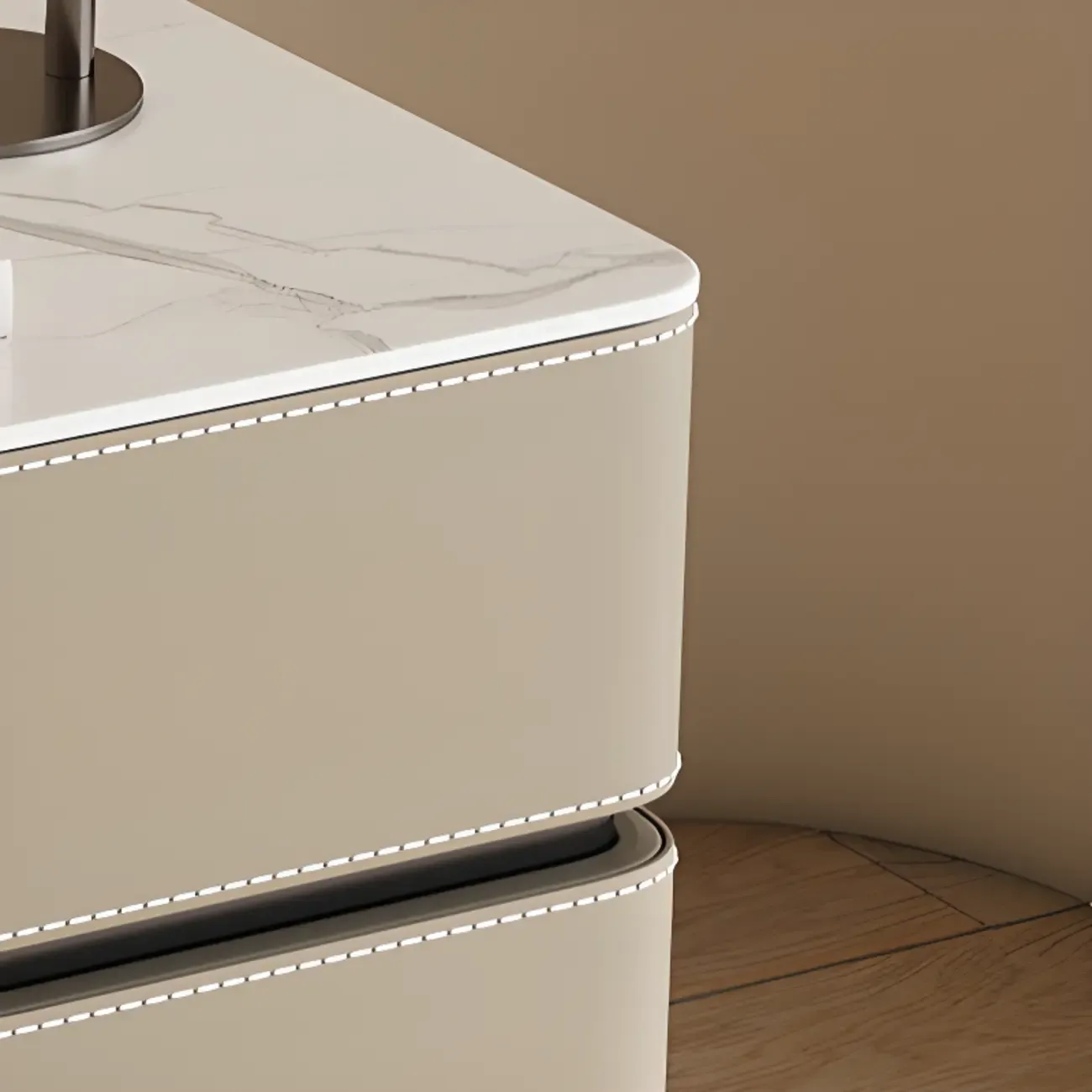 Modern Faux Marble Top Leather Rounded 2-Drawer Nightstand