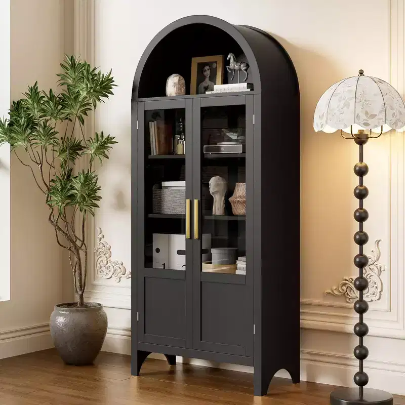 NEWLAYOUT 71 Tall Wooden Cabinet Arched Storage Cabinet with 2 Doors and Shelves for Living Room