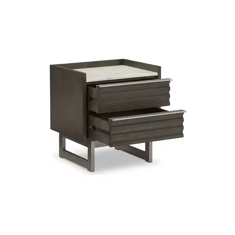 Signature Design by Ashley Arkenton 2-Drawer Nightstand with White Marble Top - Modern Bedroom Side Table, Grayish Brown Wood Finish
