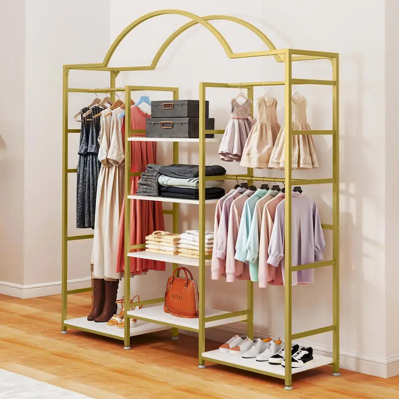 Moasis 4 Tiers Heavy Duty Coat Rack Garment Racks with 3 Hang Rods & 6 Shelves