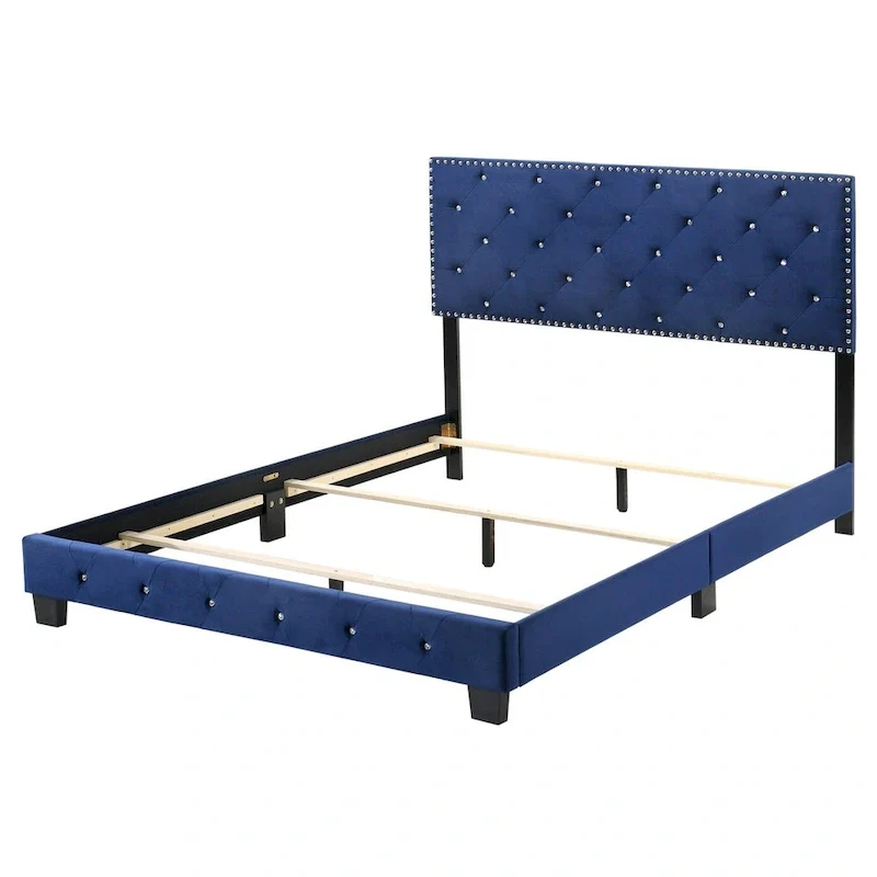 Velvet Tufted Faux Jewel Upholstered Full Panel Bed - 77 - Blue