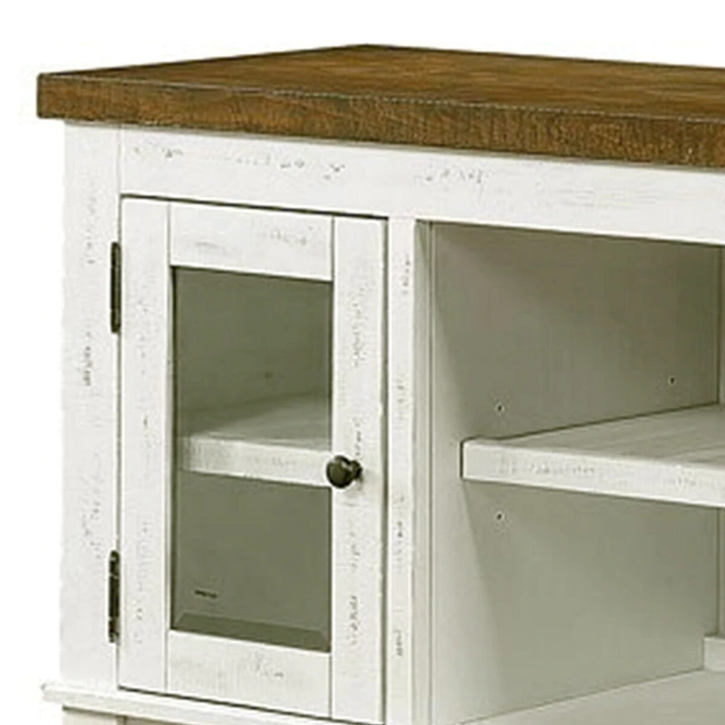 Bora 60 Inch Wood Server, 2 Glass Door Cabinets, Distressed White, Gray