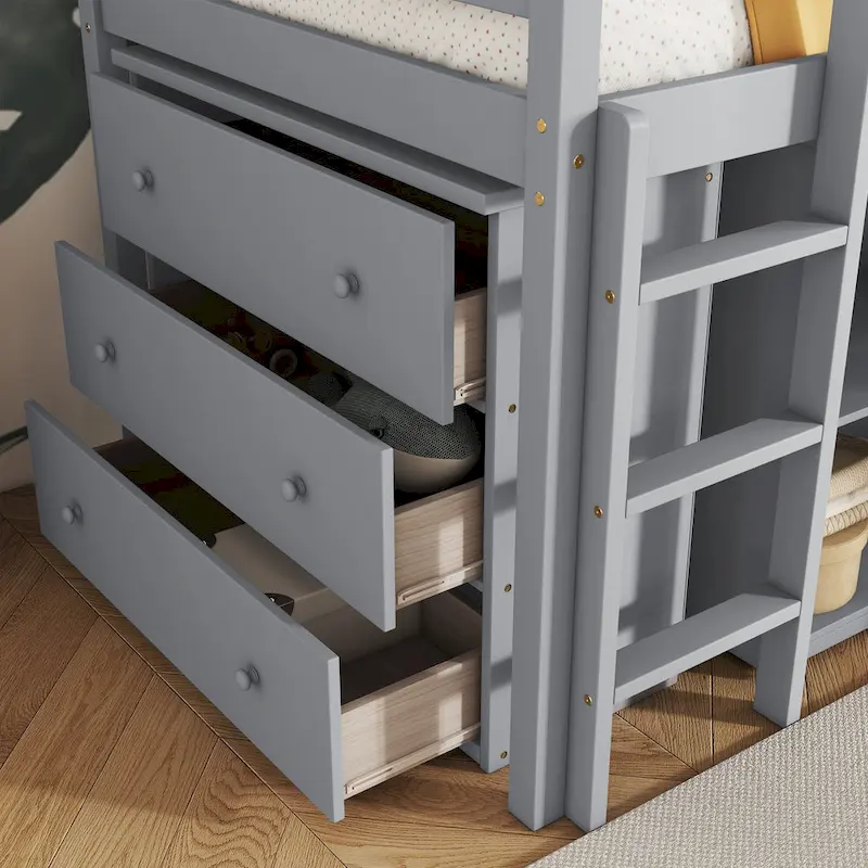 Twin Loft Bed with Pull-Out Desk, 3-Drawer Cabinet & Shelves