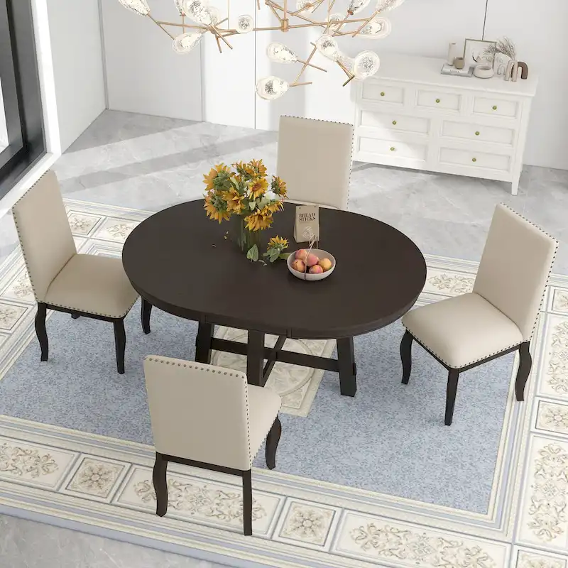 5-Piece Dining Set with Round Extendable Dining Table and Chairs