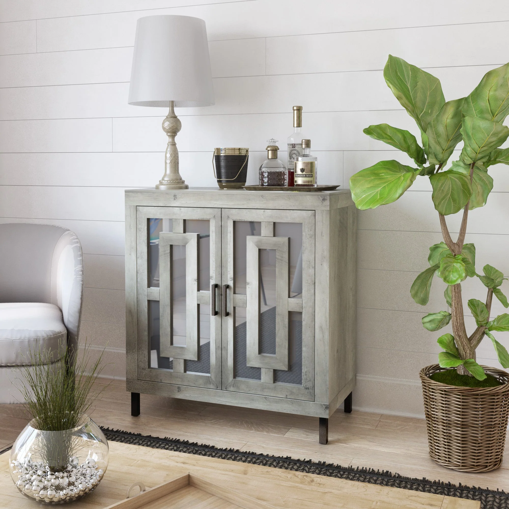 Antique Finish Mirrored Doors Entryway Accent Cabinet