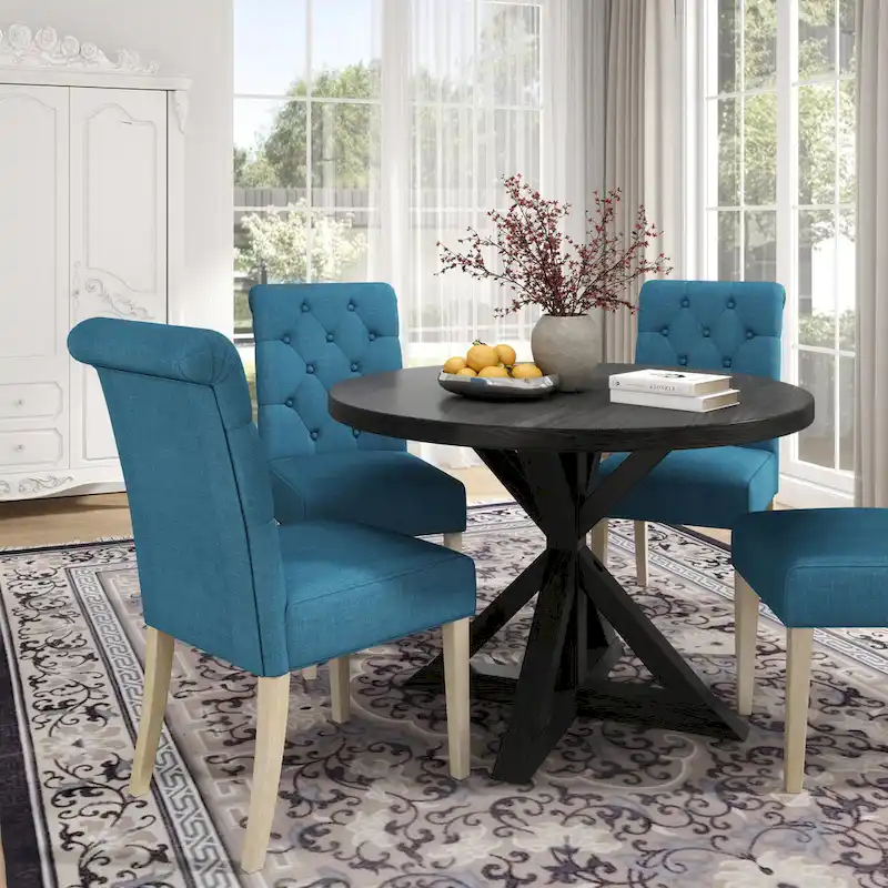 Roundhill Furniture Banff 5-Piece Round Dining Set, Cross-Buck Round Table with 4 Tufted Chairs