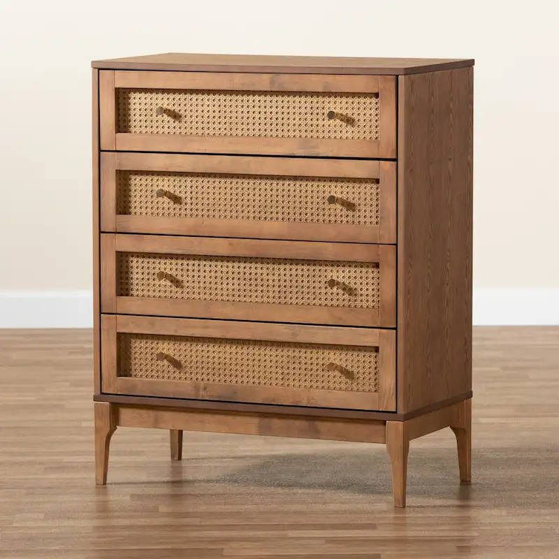 Ramiel Mid-Century Modern Ash Walnut Finished Wood and Rattan 4-Drawer Chest