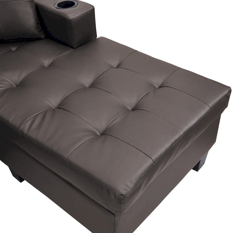Brown 96.06 Modern L-Shaped 4 Seater Sectional Sofa with Chaise Lounge, Cup Holders, and Throw Pillows