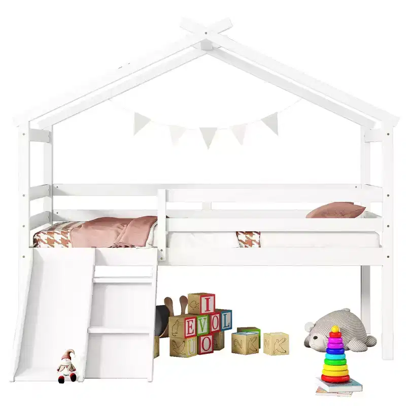 Whisen 81.7L x 67.6W Twin Low Loft House Bed with Slide, Ladder, Safety Guardrails, House Roof Frame