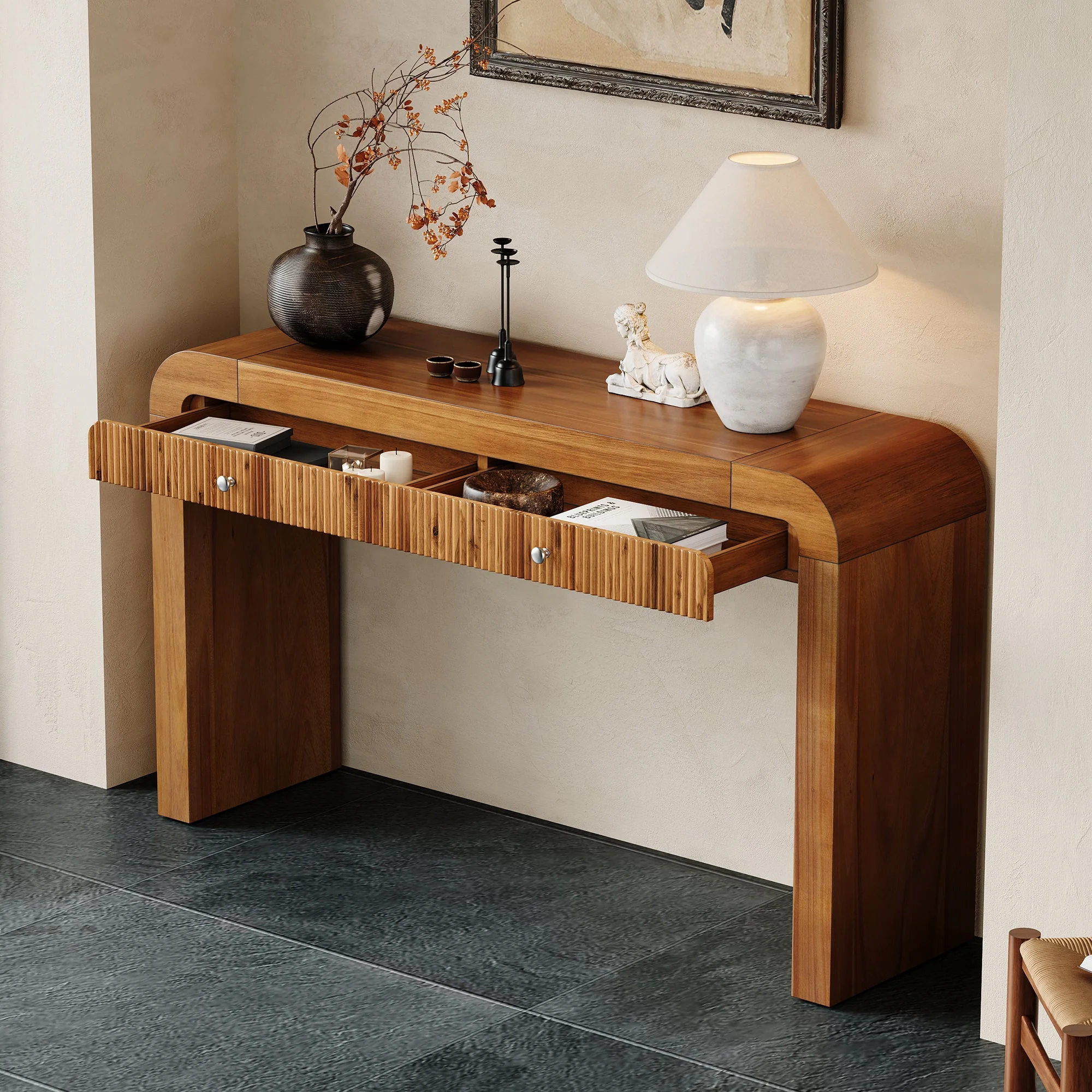 Walker Edison | Entryway Fluted Curve Design Console/Desk Table with Drawers