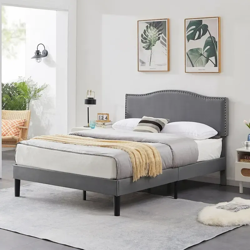 VECELO, Upholstered Platform Bed Frame with Nailhead Headboard Twin Full Queen Size Bed-Grey