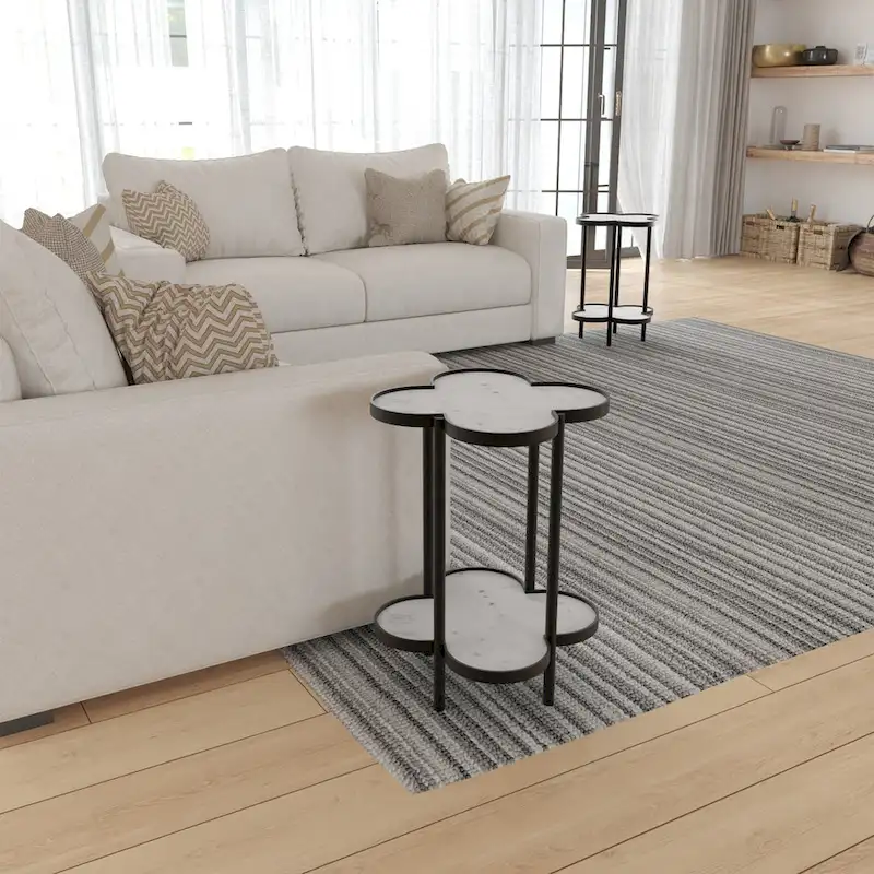 Chloe Side End Table, White Genuine Marble Clover Shape Top With Black Iron Frame