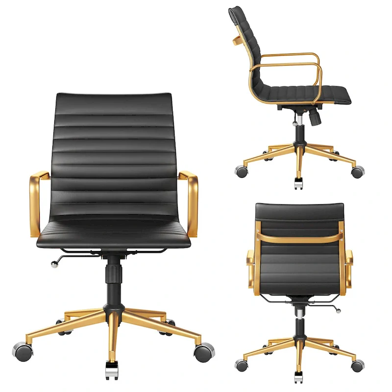 Ribbed Leatherite Office Chair with Chrome Frame, L-Shaped Arms and Swivel Base – Grey / White / Terracotta / Green / Brown / Black / Navy Blue / Gold & Navy Blue / Gold & Black / Gold & White, for 1 Person