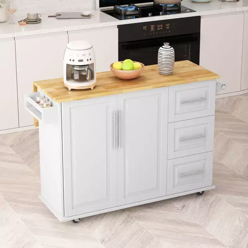 Okak Modrn Kitchen Island with Drop-Leaf Countertop & Drawers,Mobile Rolling Kitchen Cart with Racks,Storage Cabinet Folding Dining Table