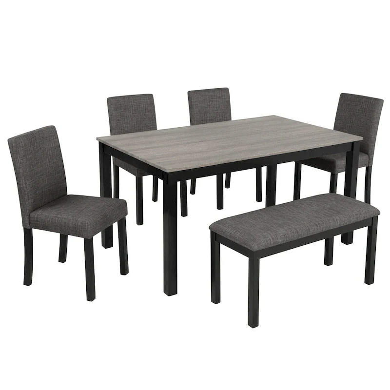 6 Piece Dining Table Set, Wooden Dining Table Set with Rectangular Dining Table, Bench and 4 Upholstered Chairs