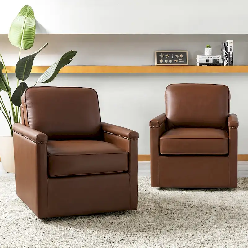 Rita Classic Genuine Leather Swivel Armchair With Nailhead Trims Set Of 2 By HULALA HOME