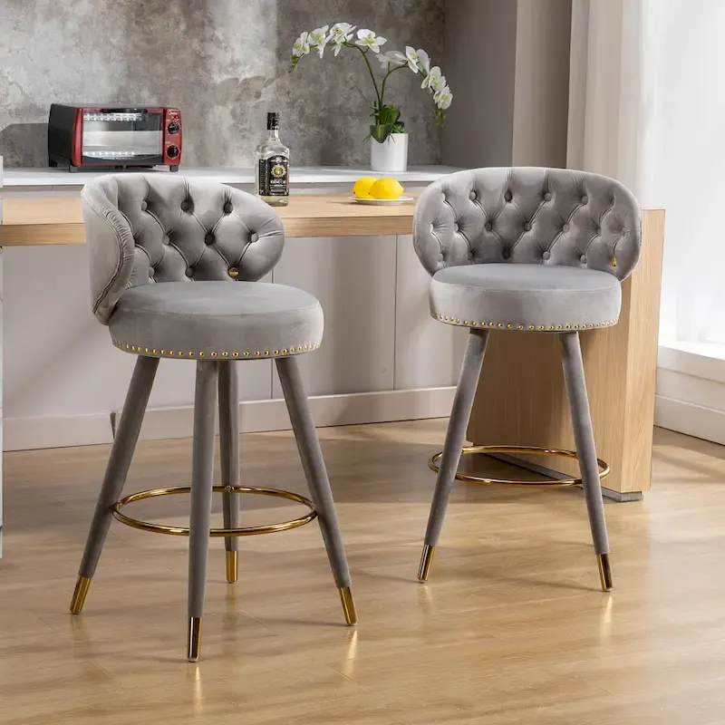 Velvet Upholstered 360 Degree Swivel Tufted Bar Stools with Golden Footrest(set of 2)